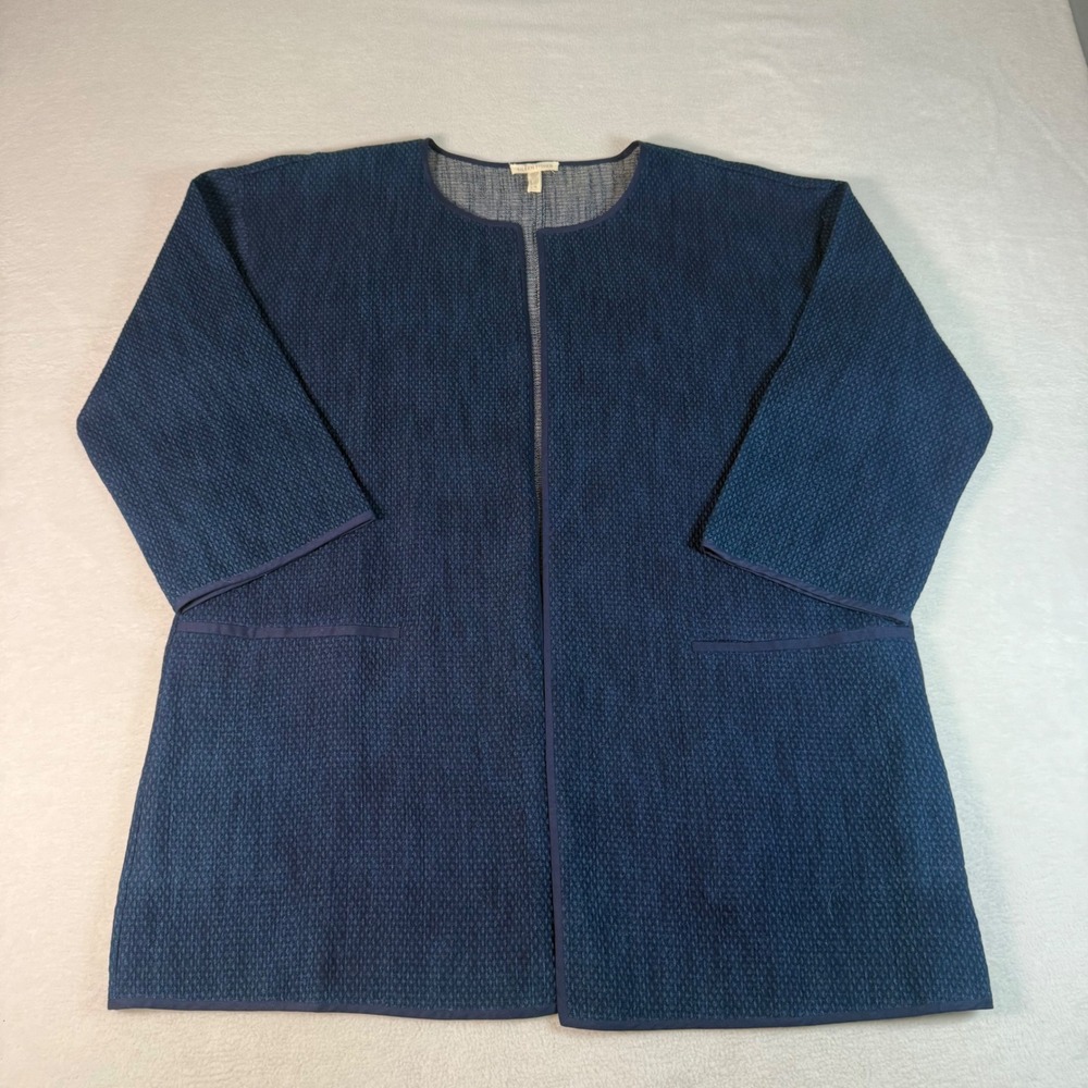 Eileen Fisher Kimono Cardigan Women L Blue Cotton Knit Textured Coastal Minimal